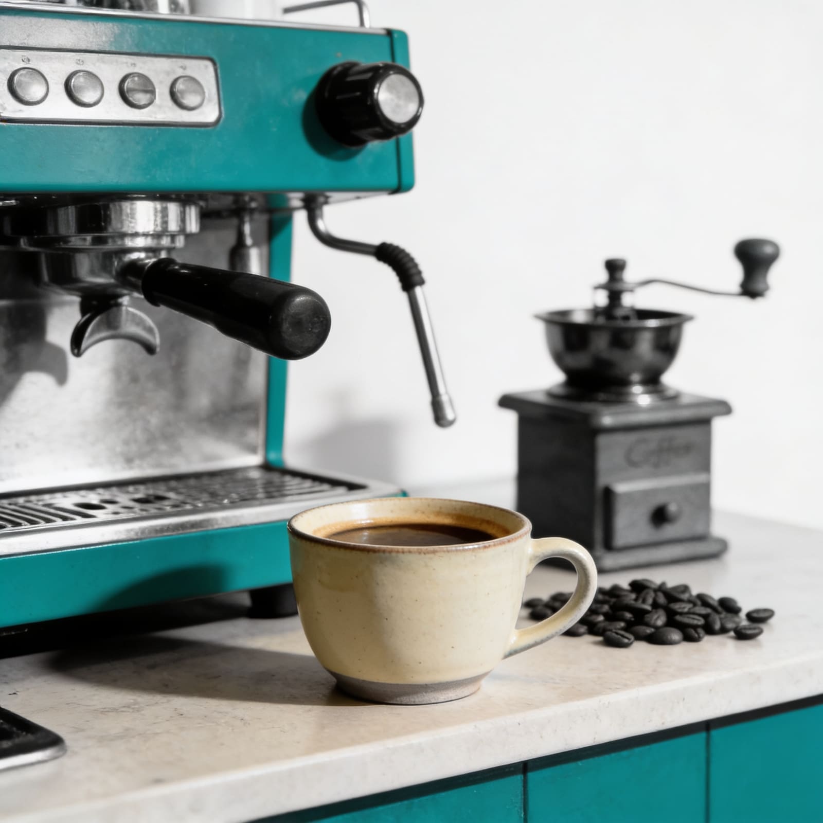 Frisch zubereiteter Kaffee mit Kaffeebohnen