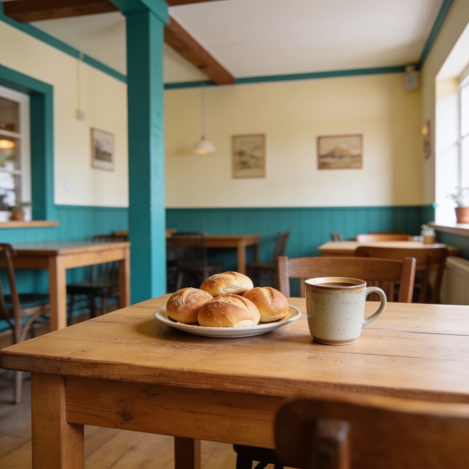 Frühstücksteller und Kaffee an einem Tisch im Café